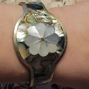 Vintage Alpaca Silver Abalone Bracelet Cuff Mexico Flower